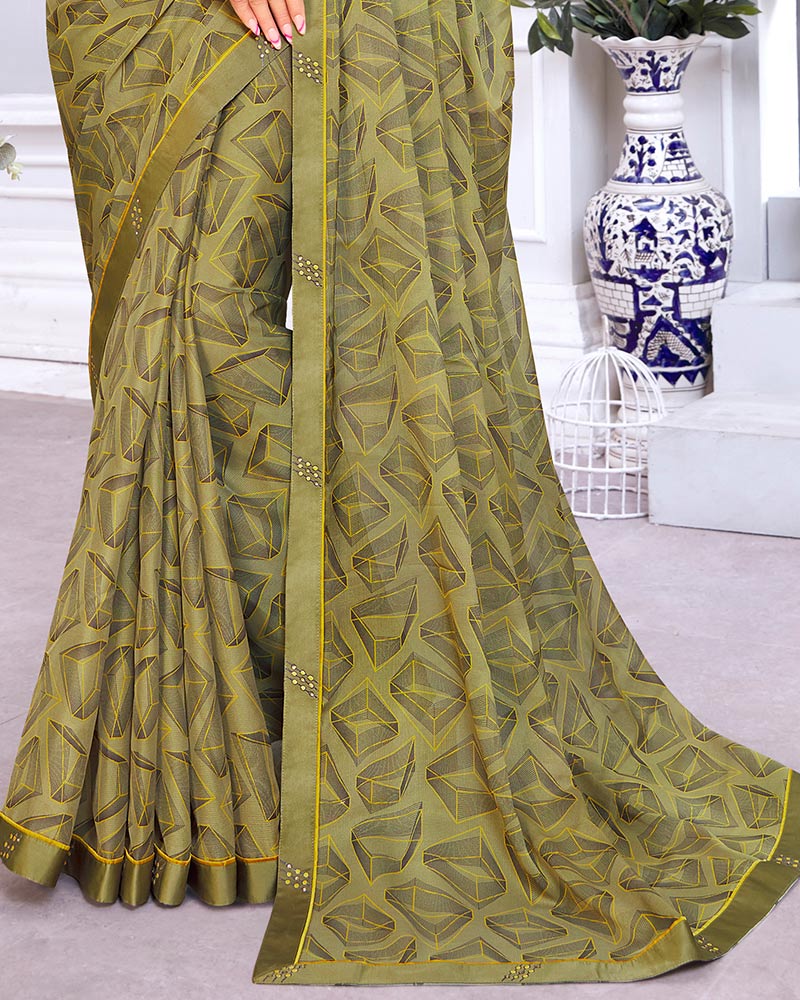 Vishal Prints Dark Beige Printed Chiffon Saree With Fancy Border