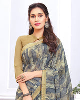 Vishal Prints Grey Printed Chiffon Saree With Fancy Border