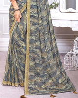 Vishal Prints Grey Printed Chiffon Saree With Fancy Border