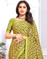 Vishal Prints Light Olive Green Printed Chiffon Saree With Fancy Border