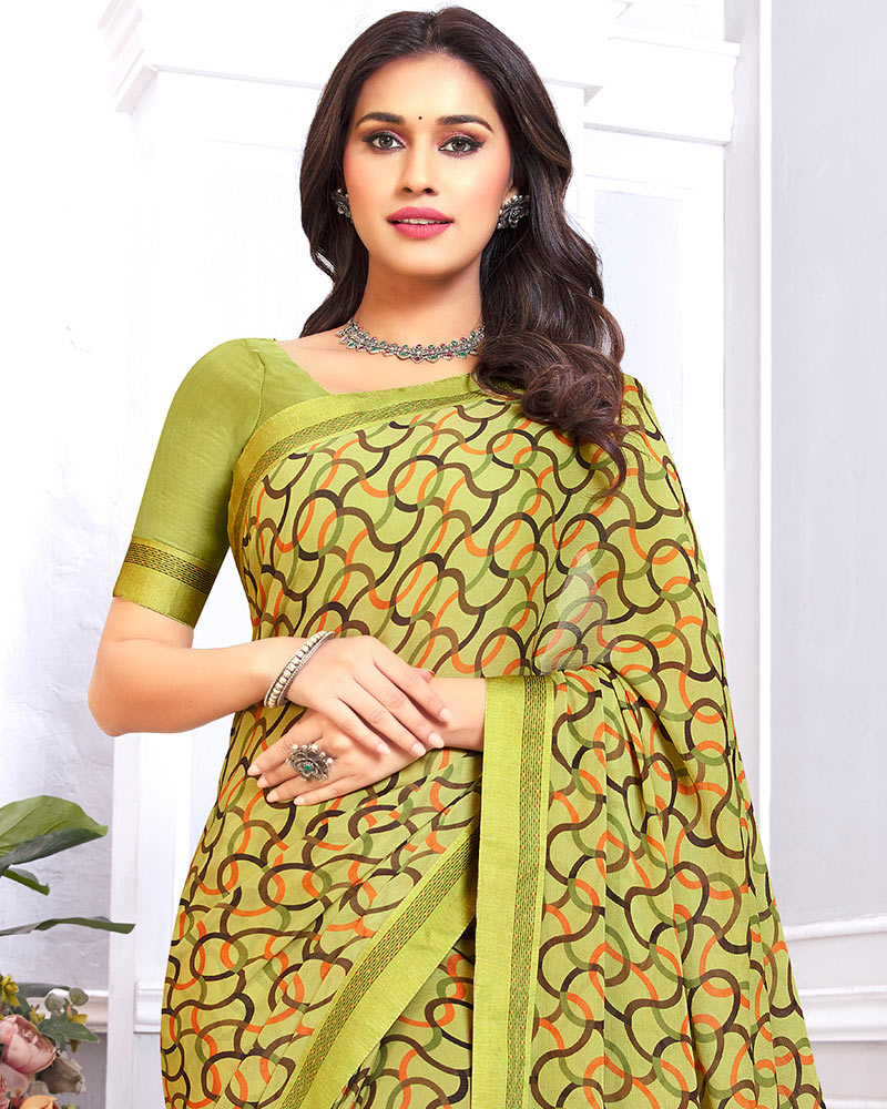 Vishal Prints Light Olive Green Printed Chiffon Saree With Fancy Border