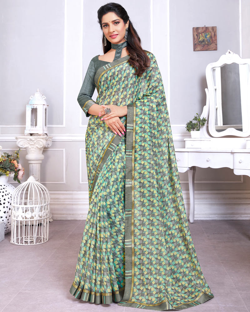 Vishal Prints Light Grey And Yellow Printed Chiffon Saree With Fancy Border