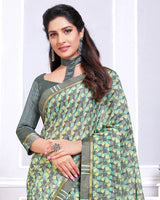 Vishal Prints Light Grey And Yellow Printed Chiffon Saree With Fancy Border
