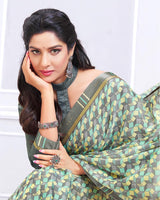 Vishal Prints Light Grey And Yellow Printed Chiffon Saree With Fancy Border