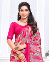 Vishal Prints Dark Pink Printed Chiffon Saree With Fancy Border