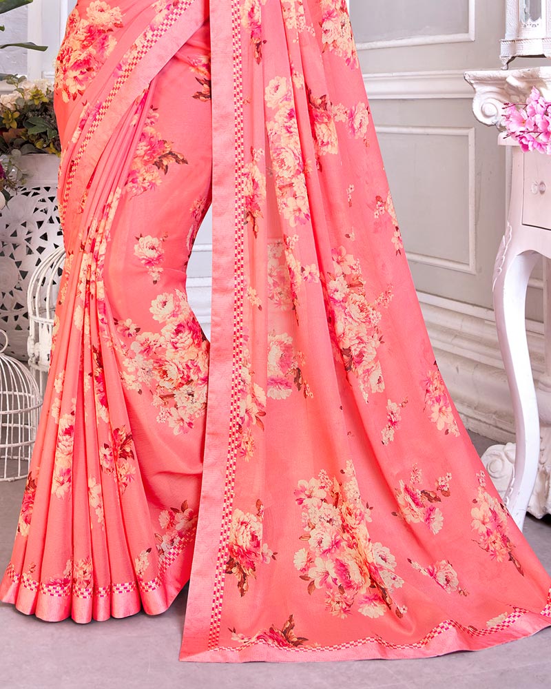 Vishal Prints Salmon Printed Chiffon Saree With Fancy Border