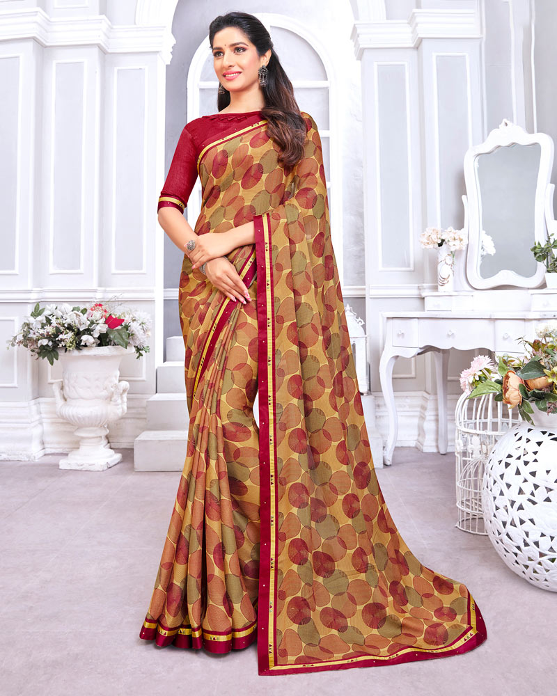 Vishal Prints Coffee Printed Chiffon Saree With Fancy Border