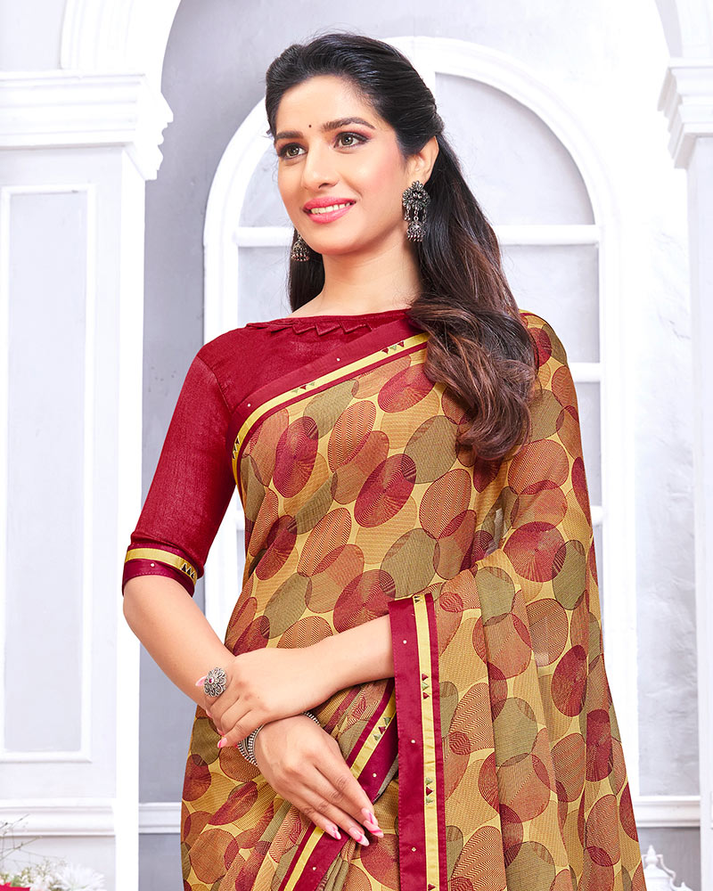 Vishal Prints Coffee Printed Chiffon Saree With Fancy Border