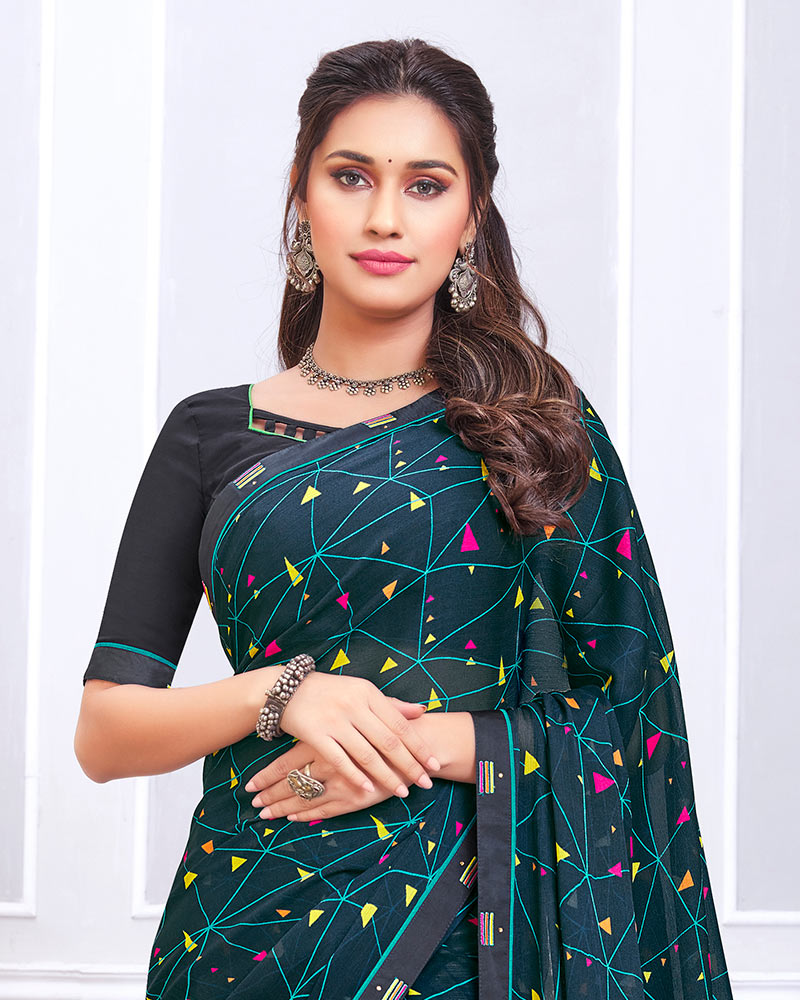 Vishal Prints Dark Grey Printed Chiffon Saree With Fancy Border