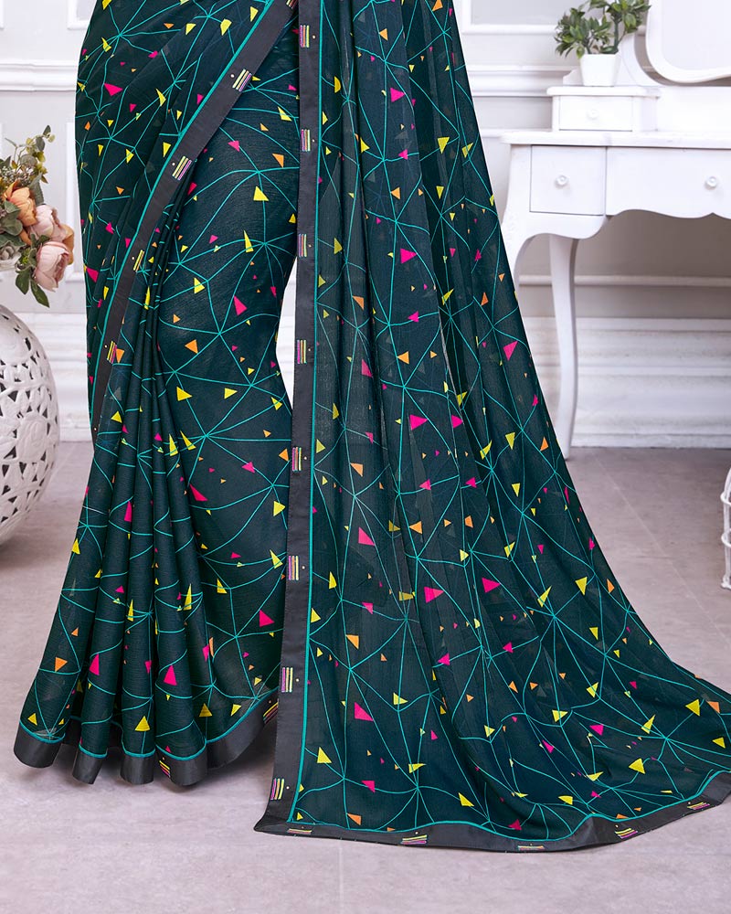 Vishal Prints Dark Grey Printed Chiffon Saree With Fancy Border