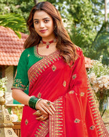 Vishal Prints Lava Red Art Silk Saree With Embroidery Work And Tassel