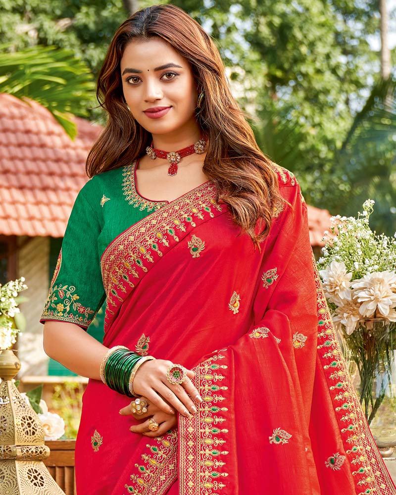 Vishal Prints Lava Red Art Silk Saree With Embroidery Work And Tassel
