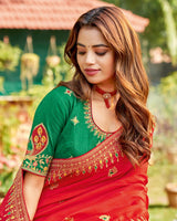 Vishal Prints Lava Red Art Silk Saree With Embroidery Work And Tassel
