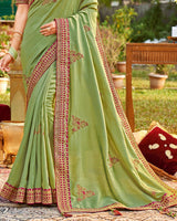 Vishal Prints Khaki Green Art Silk Saree With Embroidery Work And Tassel