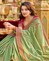 Vishal Prints Khaki Green Art Silk Saree With Embroidery Work And Tassel