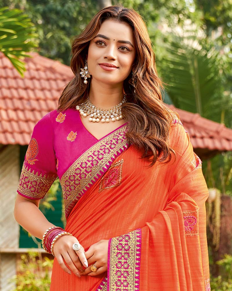 Vishal Prints Orange Art Silk Saree With Embroidery Work And Tassel