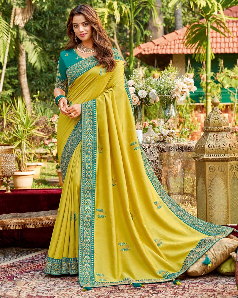 Vishal Prints Light Mustard Art Silk Saree With Embroidery Work And Tassel