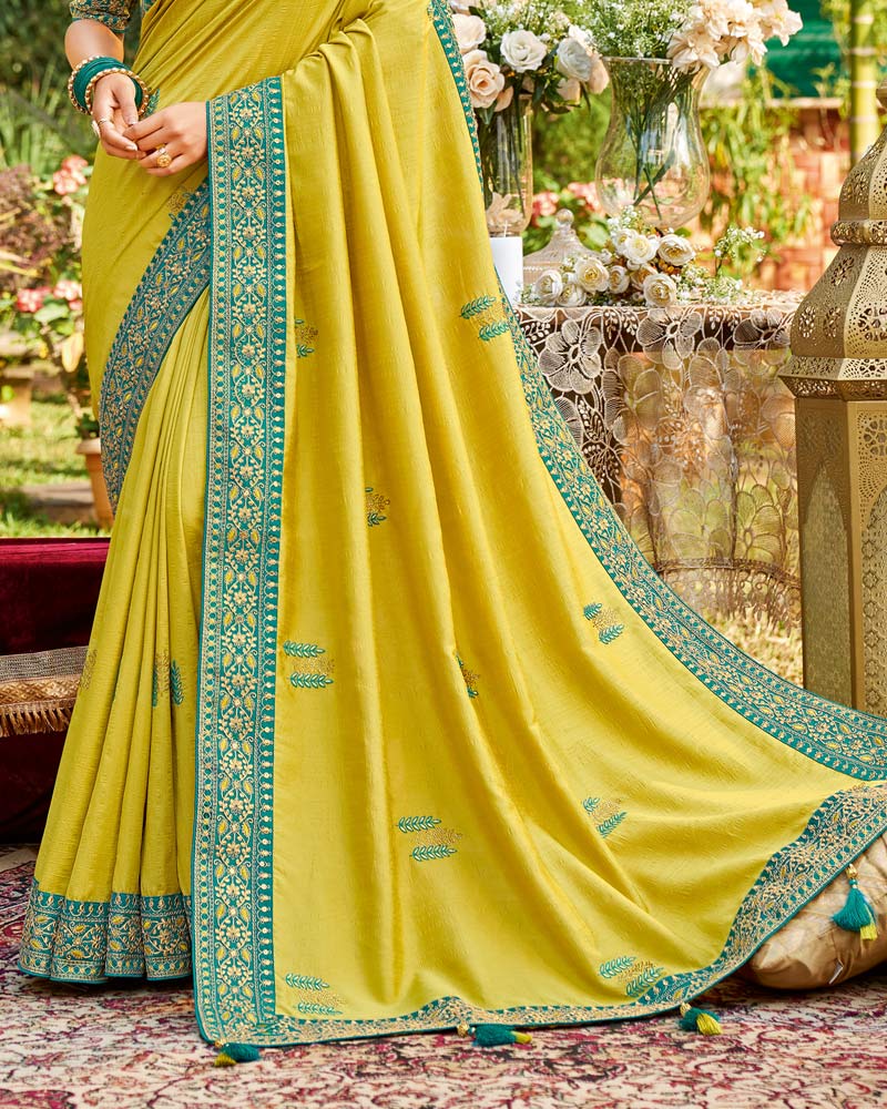 Vishal Prints Light Mustard Art Silk Saree With Embroidery Work And Tassel