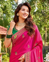 Vishal Prints Dark Hot Pink Art Silk Saree With Embroidery Work And Tassel
