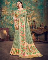 Vishal Prints Grey Olive Digital Print Brasso Saree With Foil Print And Fancy Border