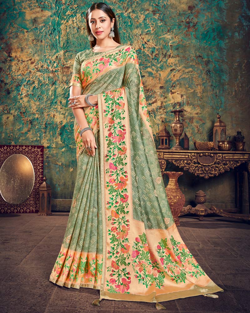 Vishal Prints Grey Olive Digital Print Brasso Saree With Foil Print And Fancy Border