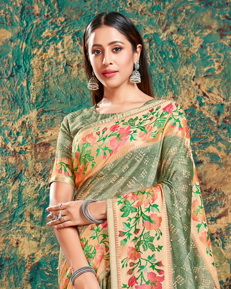 Vishal Prints Grey Olive Digital Print Brasso Saree With Foil Print And Fancy Border