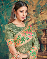 Vishal Prints Grey Olive Digital Print Brasso Saree With Foil Print And Fancy Border