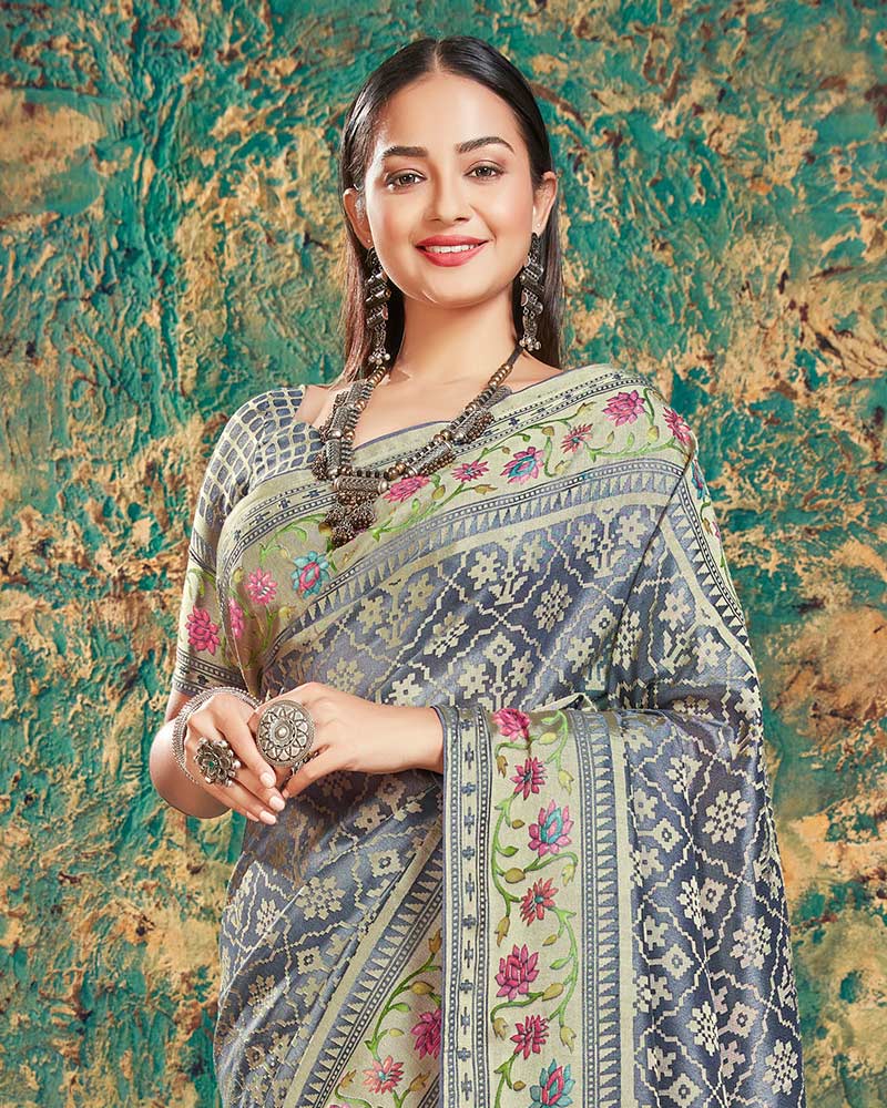Vishal Prints Lavender Grey Digital Print Brasso Saree With Foil Print And Fancy Border