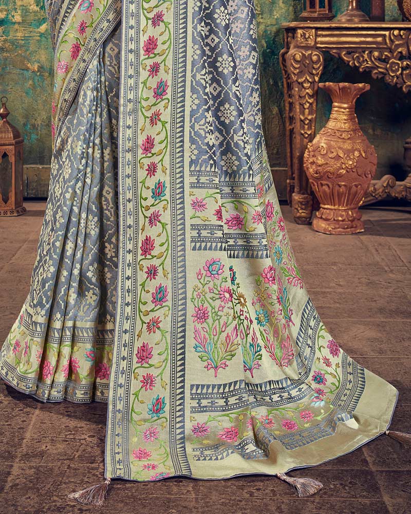 Vishal Prints Lavender Grey Digital Print Brasso Saree With Foil Print And Fancy Border