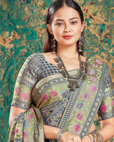 Vishal Prints Lavender Grey Digital Print Brasso Saree With Foil Print And Fancy Border