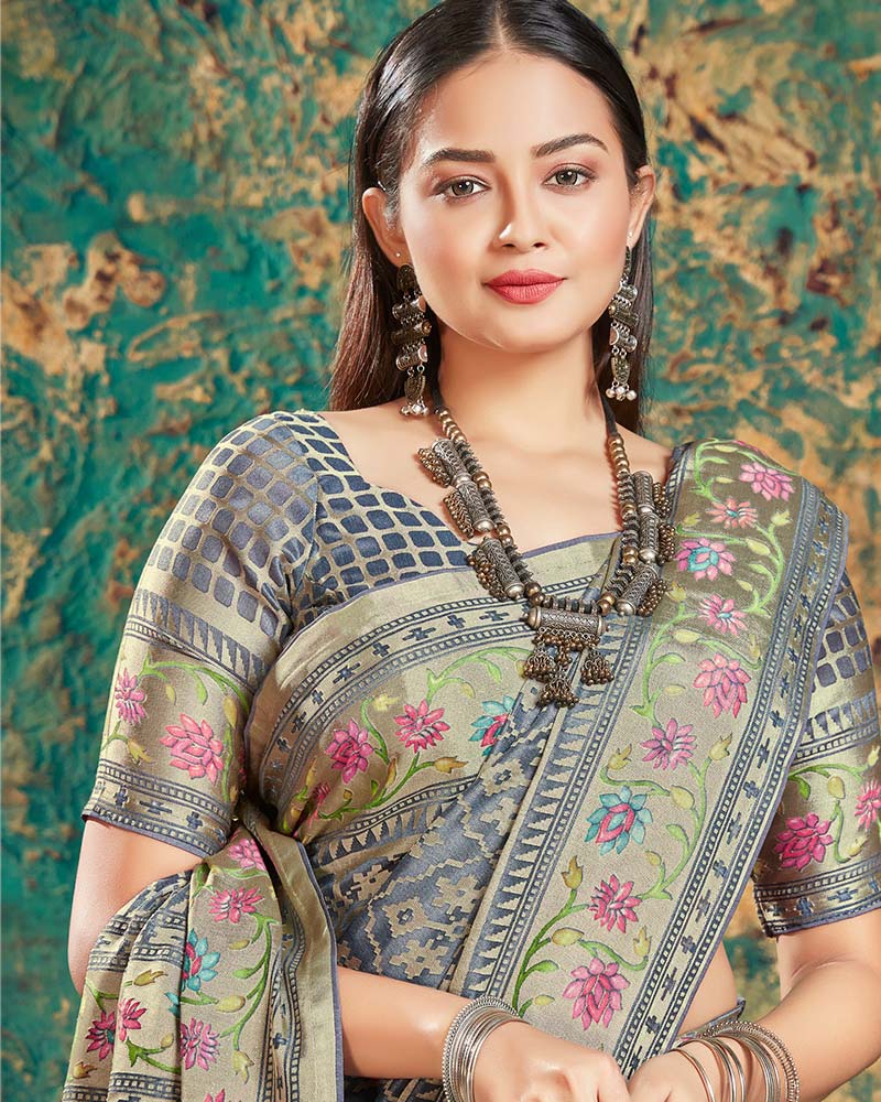 Vishal Prints Lavender Grey Digital Print Brasso Saree With Foil Print And Fancy Border