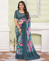 Vishal Prints Slate Grey Designer Digital Print Georgette Saree With Embroidery-Diamond Work