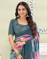 Vishal Prints Slate Grey Designer Digital Print Georgette Saree With Embroidery-Diamond Work