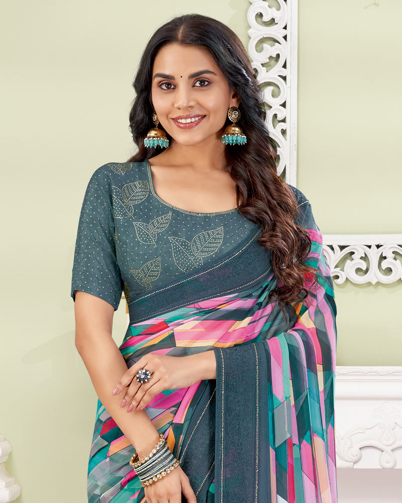 Vishal Prints Slate Grey Designer Digital Print Georgette Saree With Embroidery-Diamond Work