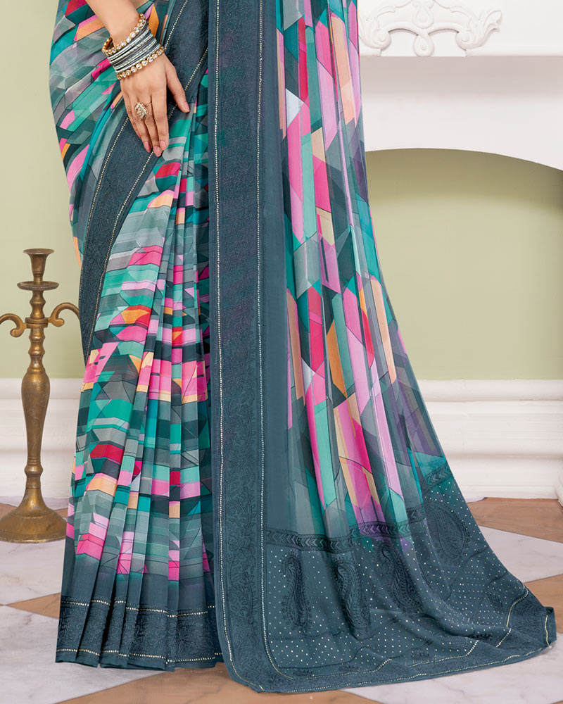 Vishal Prints Slate Grey Designer Digital Print Georgette Saree With Embroidery-Diamond Work