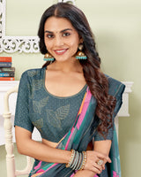 Vishal Prints Slate Grey Designer Digital Print Georgette Saree With Embroidery-Diamond Work