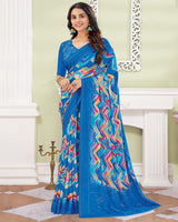 Vishal Prints French Blue Designer Digital Print Georgette Saree With Embroidery-Diamond Work