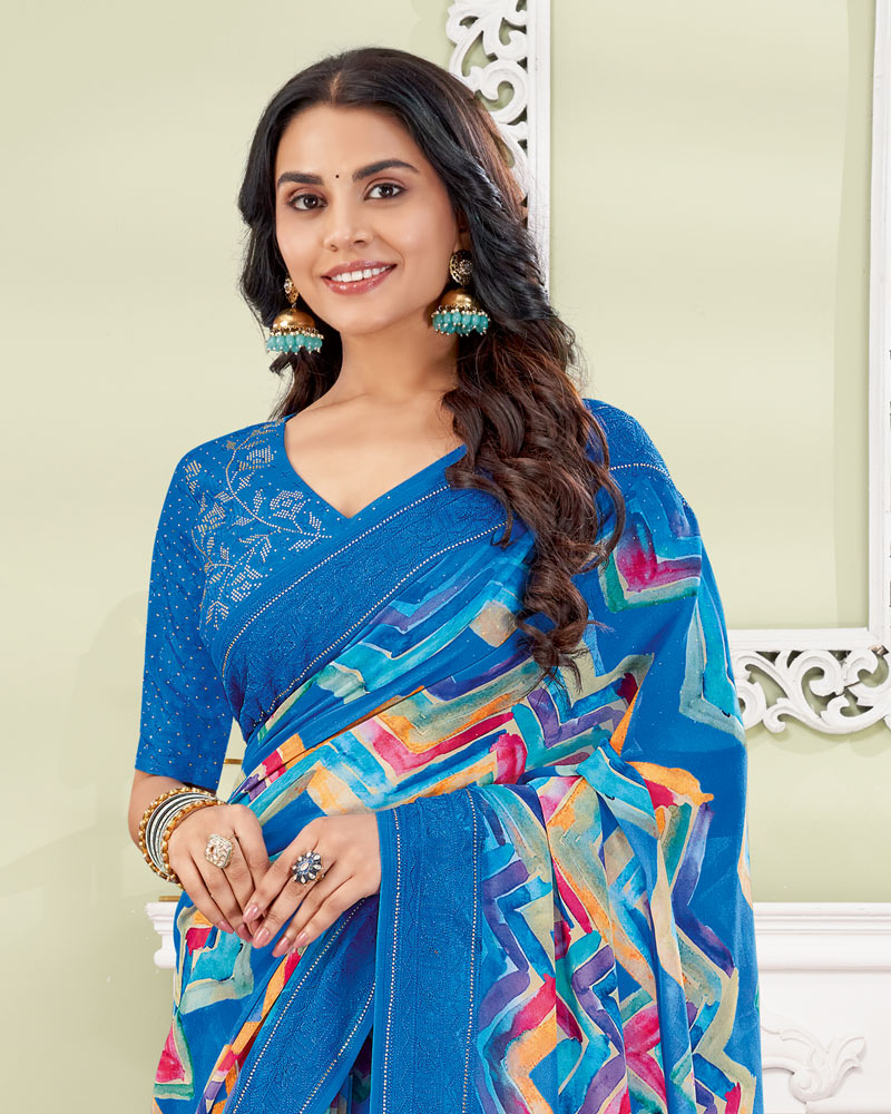 Vishal Prints French Blue Designer Digital Print Georgette Saree With Embroidery-Diamond Work