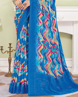 Vishal Prints French Blue Designer Digital Print Georgette Saree With Embroidery-Diamond Work