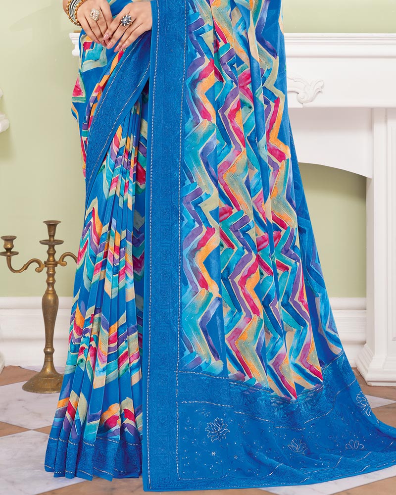 Vishal Prints French Blue Designer Digital Print Georgette Saree With Embroidery-Diamond Work