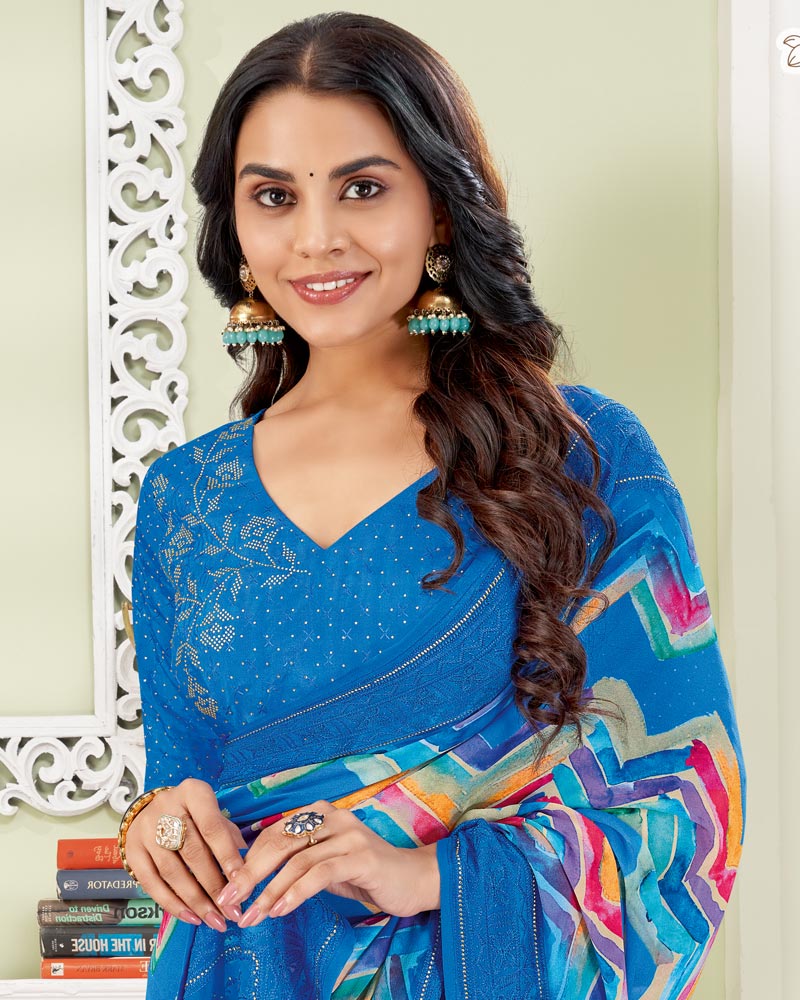 Vishal Prints French Blue Designer Digital Print Georgette Saree With Embroidery-Diamond Work