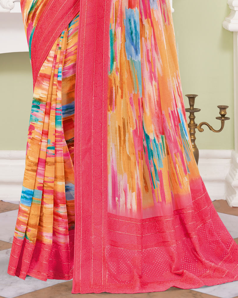 Vishal Prints Mandy Pink Designer Digital Print Georgette Saree With Embroidery-Diamond Work
