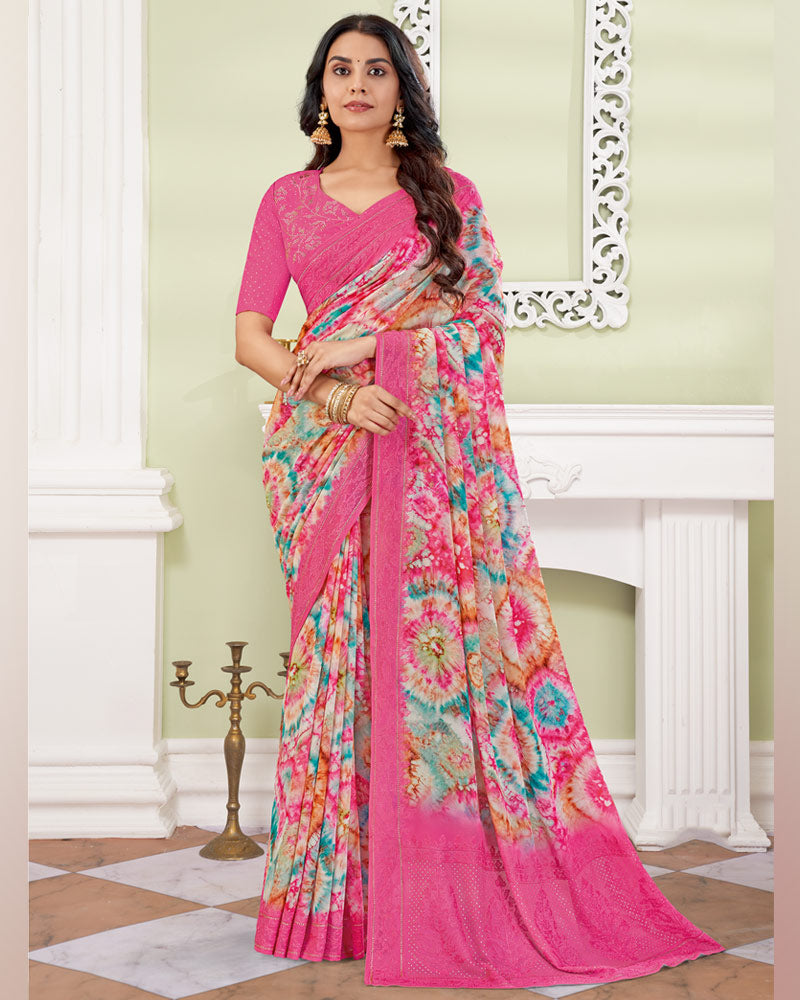 Vishal Prints Mandy Pink Designer Digital Print Georgette Saree With Embroidery-Diamond Work