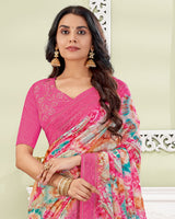 Vishal Prints Mandy Pink Designer Digital Print Georgette Saree With Embroidery-Diamond Work