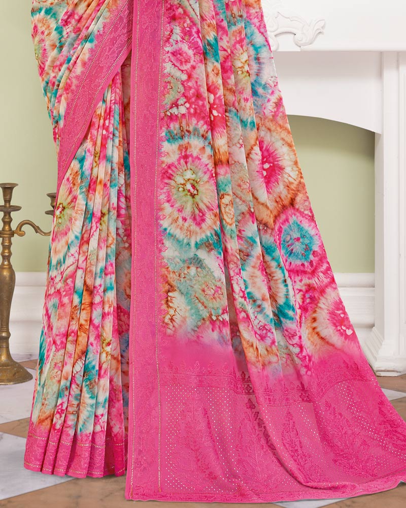 Vishal Prints Mandy Pink Designer Digital Print Georgette Saree With Embroidery-Diamond Work