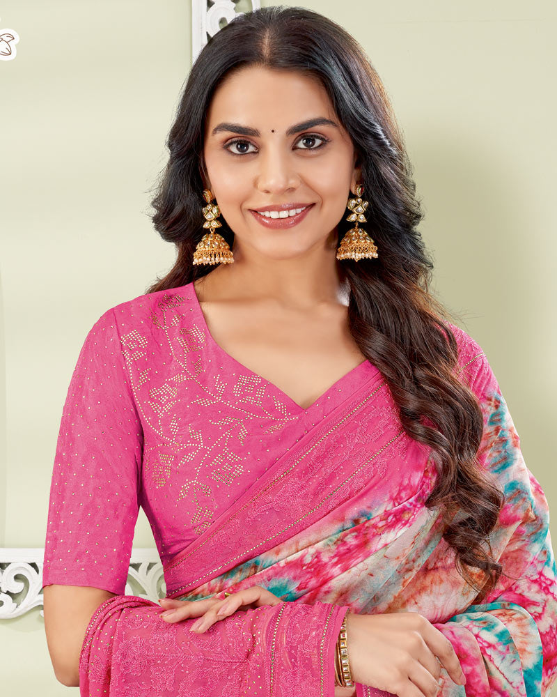 Vishal Prints Mandy Pink Designer Digital Print Georgette Saree With Embroidery-Diamond Work