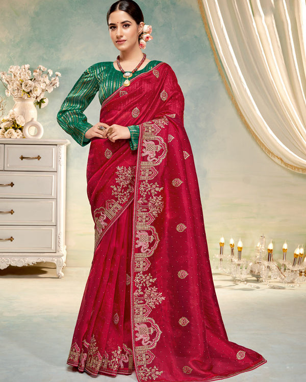 Vishal Prints Lipstick Red Designer Tissue Organza Saree With Embroidery-Diamond Work And Cut Work Border