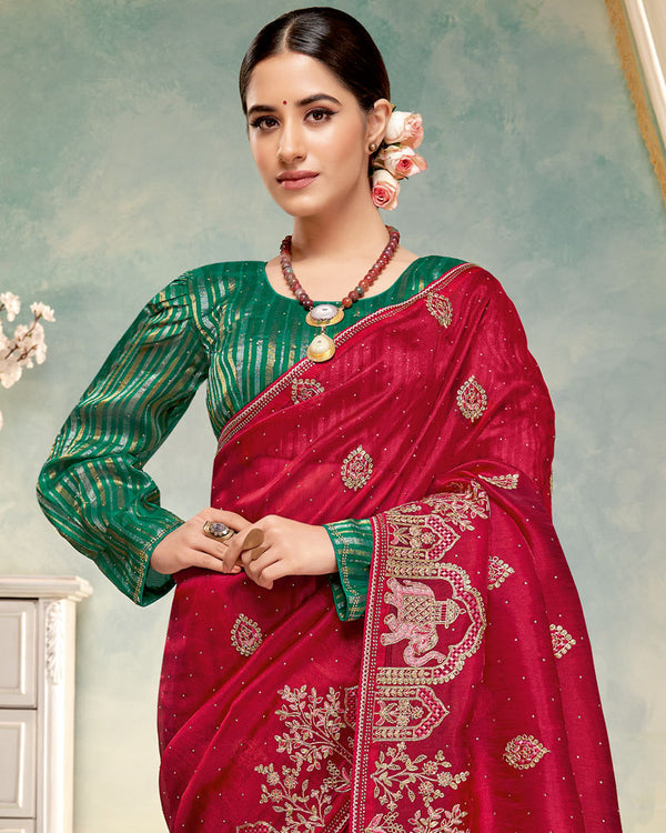 Vishal Prints Lipstick Red Designer Tissue Organza Saree With Embroidery-Diamond Work And Cut Work Border