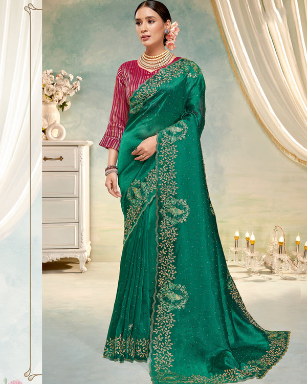 Vishal Prints Deep Sea Green Designer Tissue Organza Saree With Embroidery-Diamond Work And Cut Work Border
