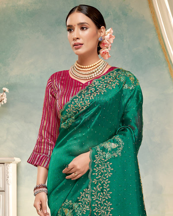 Vishal Prints Deep Sea Green Designer Tissue Organza Saree With Embroidery-Diamond Work And Cut Work Border